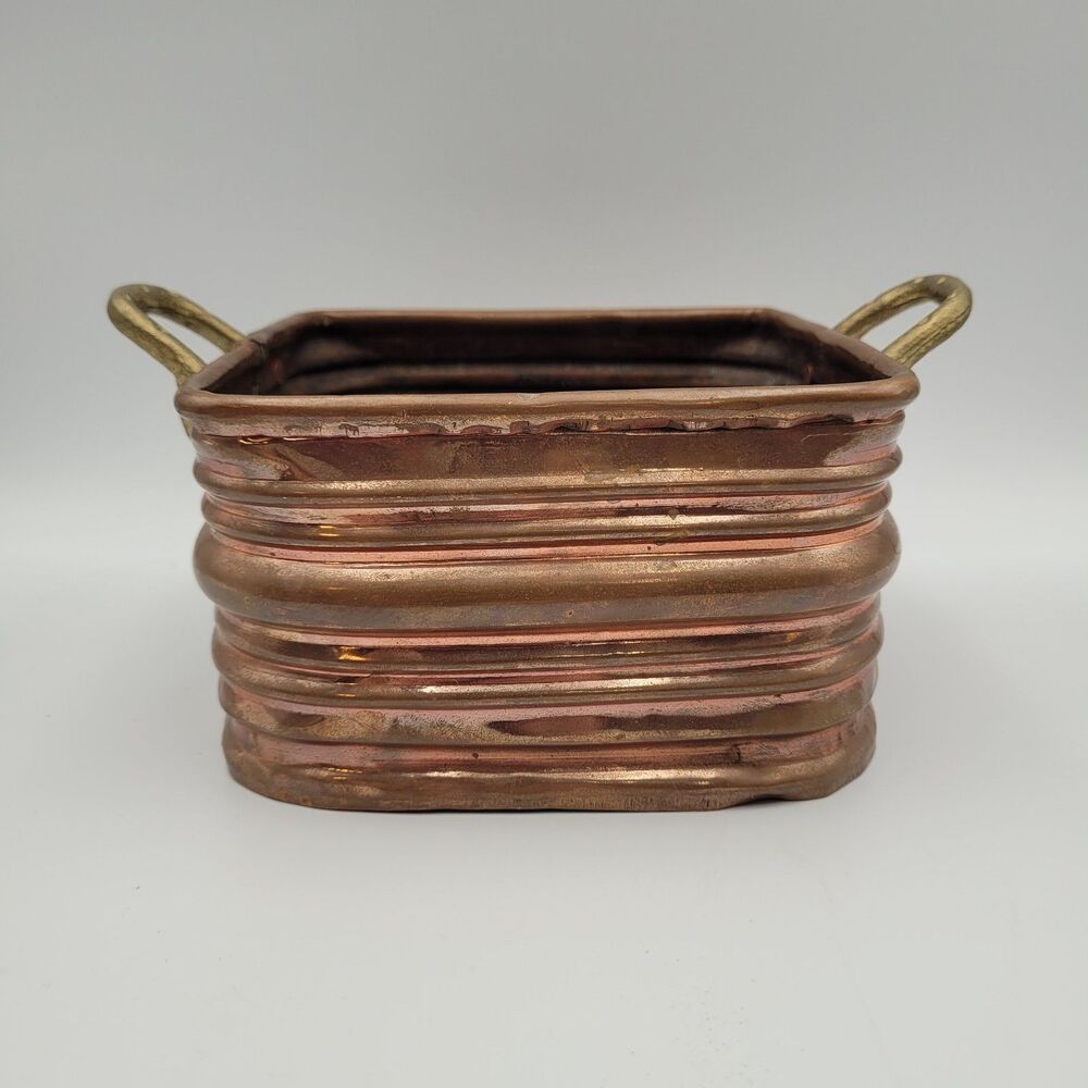 VTG Copper Square Pot Brass Handles Handmade Planter Rustic Cottage Farmhouse